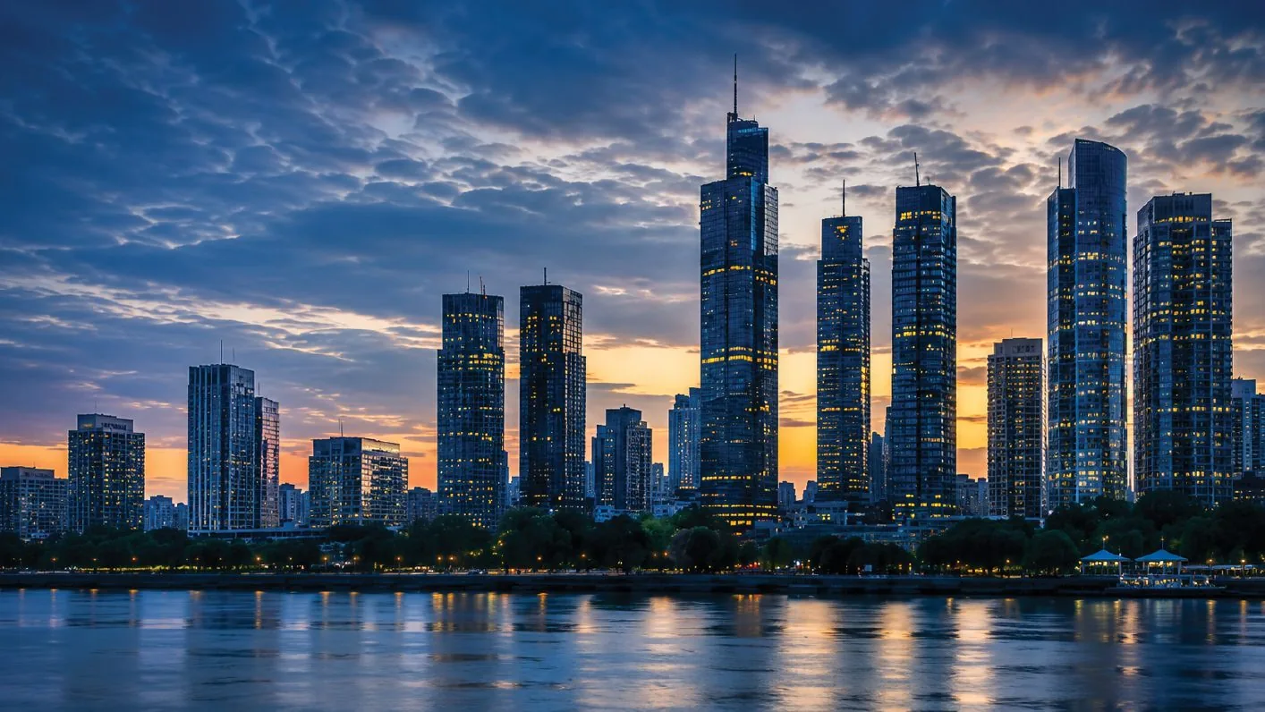 City skyline of illuminated towers at sunset along a waterfront
