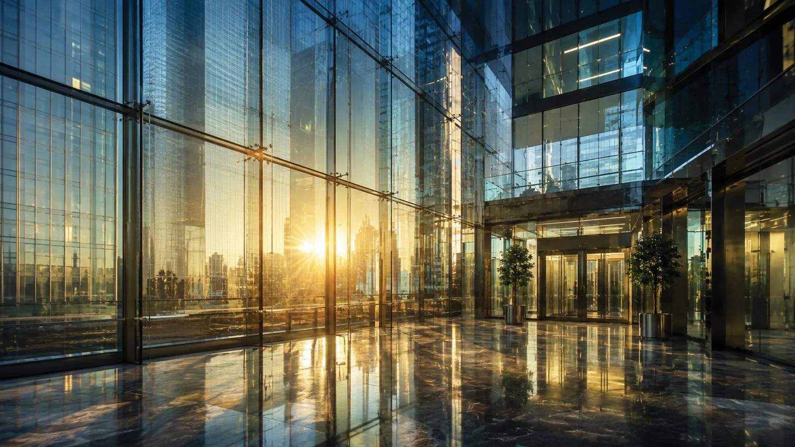 Sunlit glass office tower lobby reflecting the evening skyline